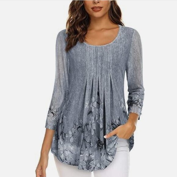 NEW Bluish Gray Floral Sz XXXL Casual or Dress Stretch Pleated Front Tunic Shirt - Picture 2 of 3